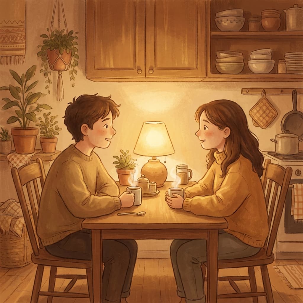 Warm illustration of two partners having a calm honest conversation at a kitchen table, amber tones