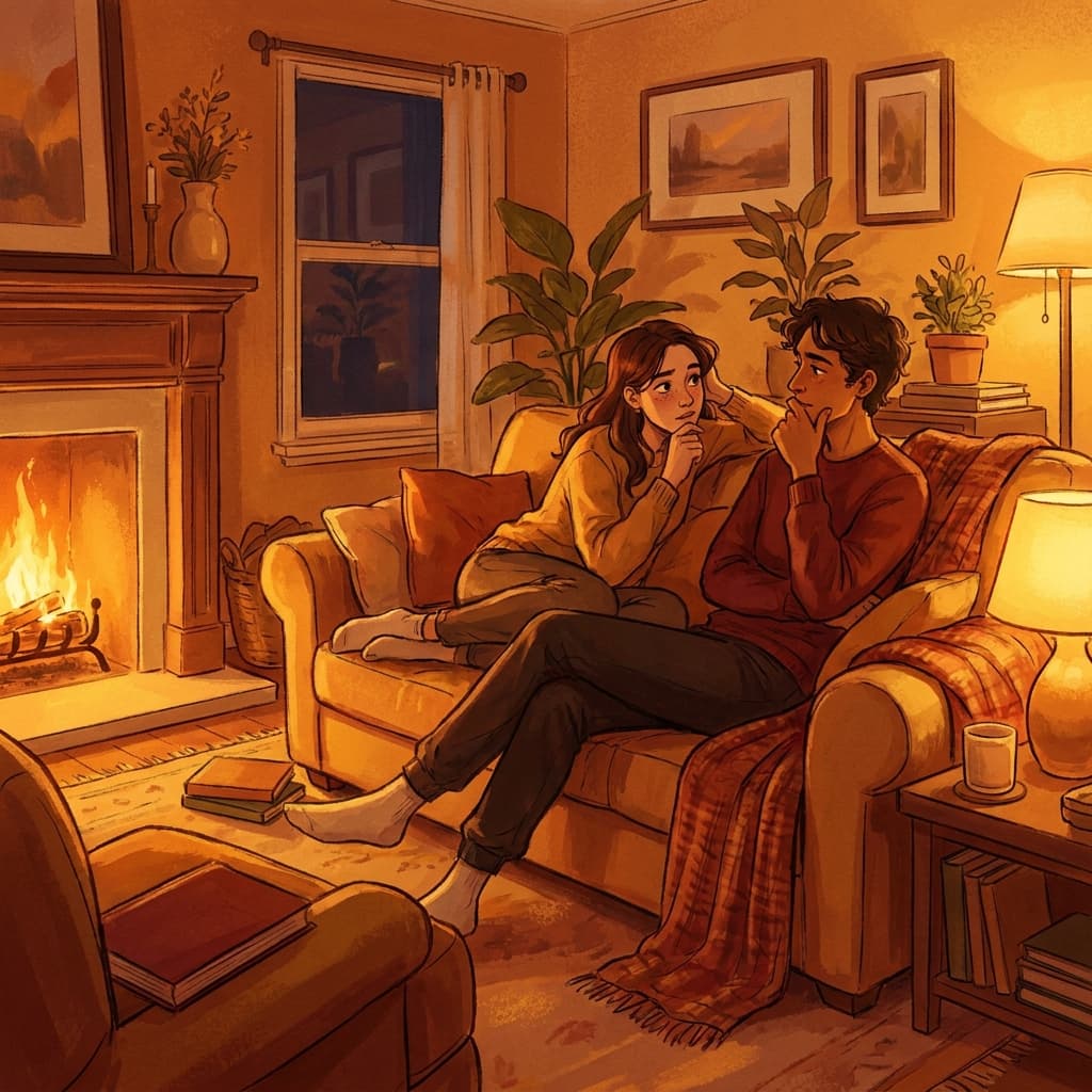 Warm illustration of two partners sitting on a couch with soft evening light, listening to each other thoughtfully