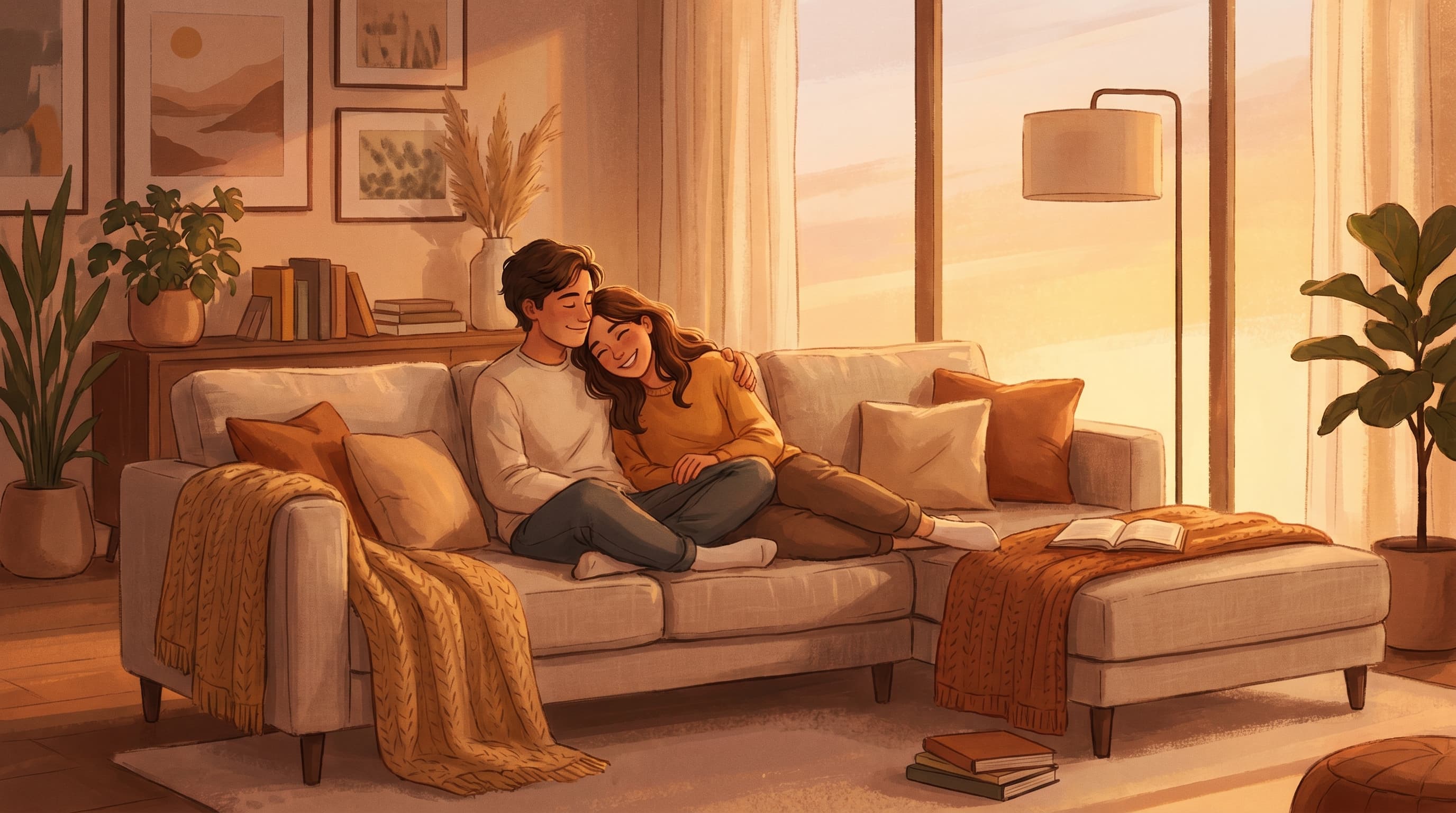 Warm modern illustration of two partners sitting together comfortably in amber and gold tones, one person resting their head on the other's shoulder