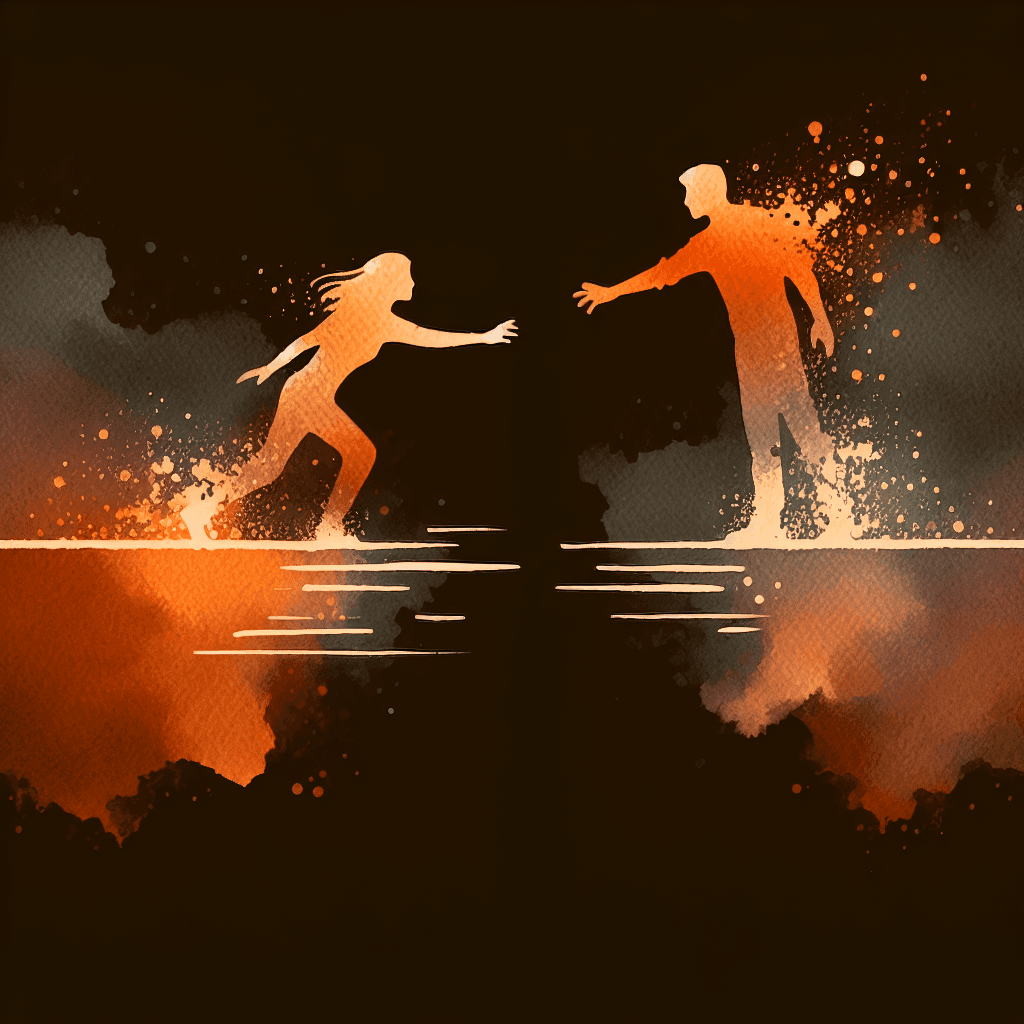 Two silhouettes reaching toward each other across a gap, symbolizing anxious and avoidant dynamics