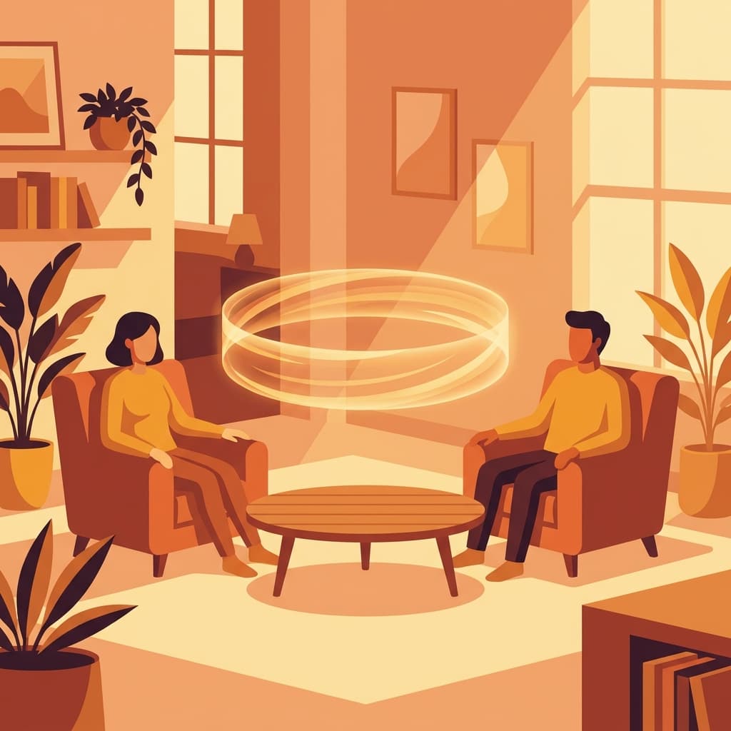 Two people sitting across from each other with a visible cycle loop between them