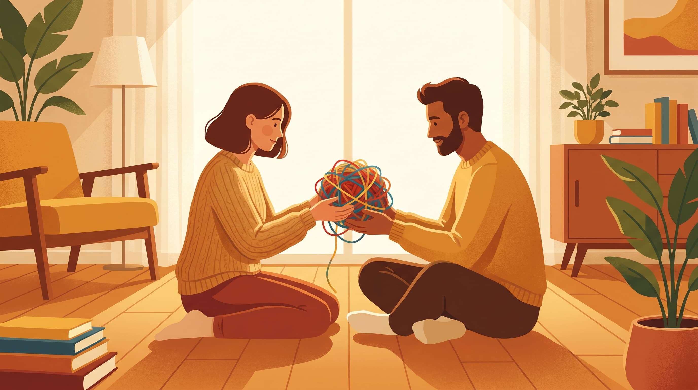 Two people thoughtfully looking at a tangled thread representing relationship patterns