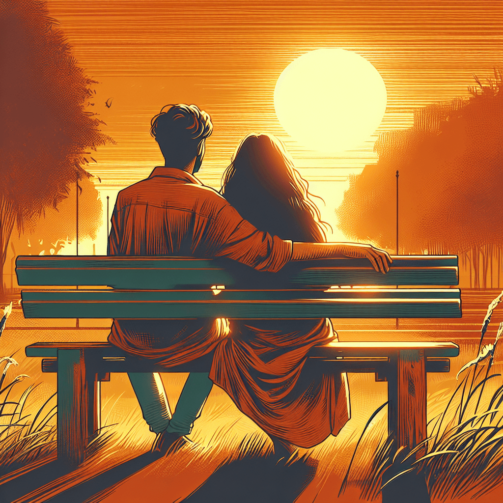 A couple sitting together on a bench at sunset, peaceful and connected