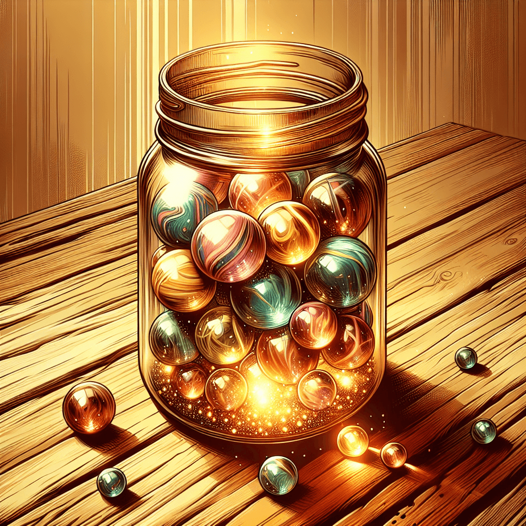 A glass jar filled with colorful marbles glowing with warm light — representing the marble jar trust concept