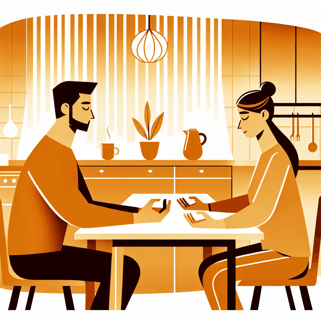 Warm modern illustration of a couple breathing slowly together at a table
