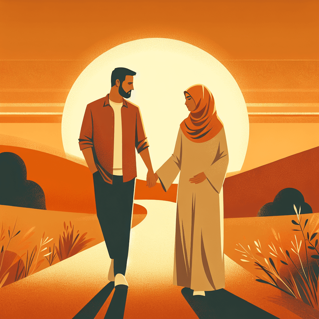 Warm modern illustration of a couple reconnecting during a calm walk at sunset