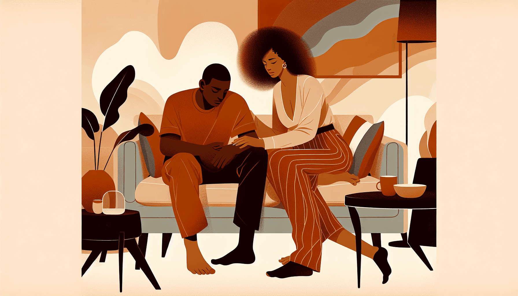 Warm modern illustration of a couple calming down together on a sofa in amber and gold tones