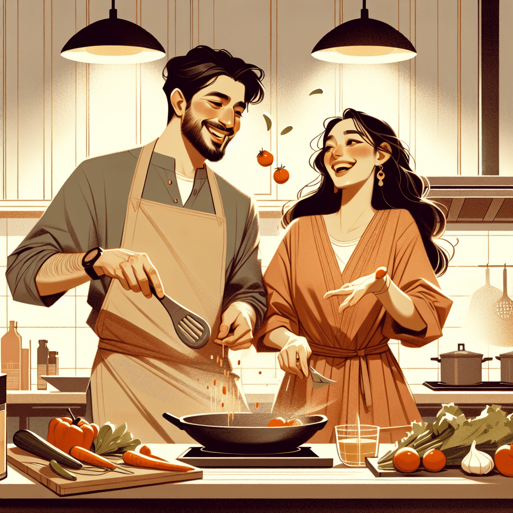 Couple cooking together in a warm kitchen