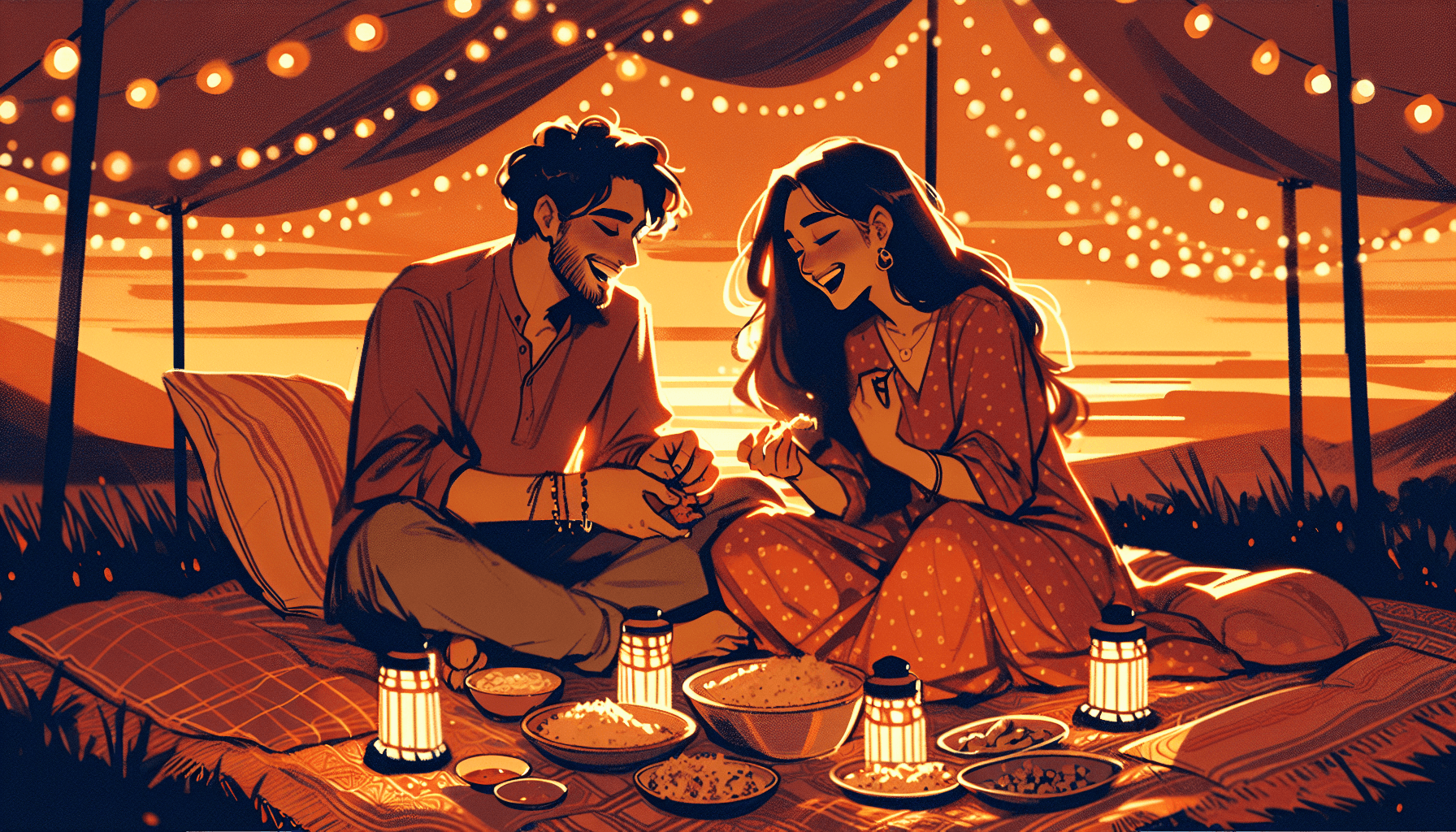 Couple enjoying a cozy date night under string lights