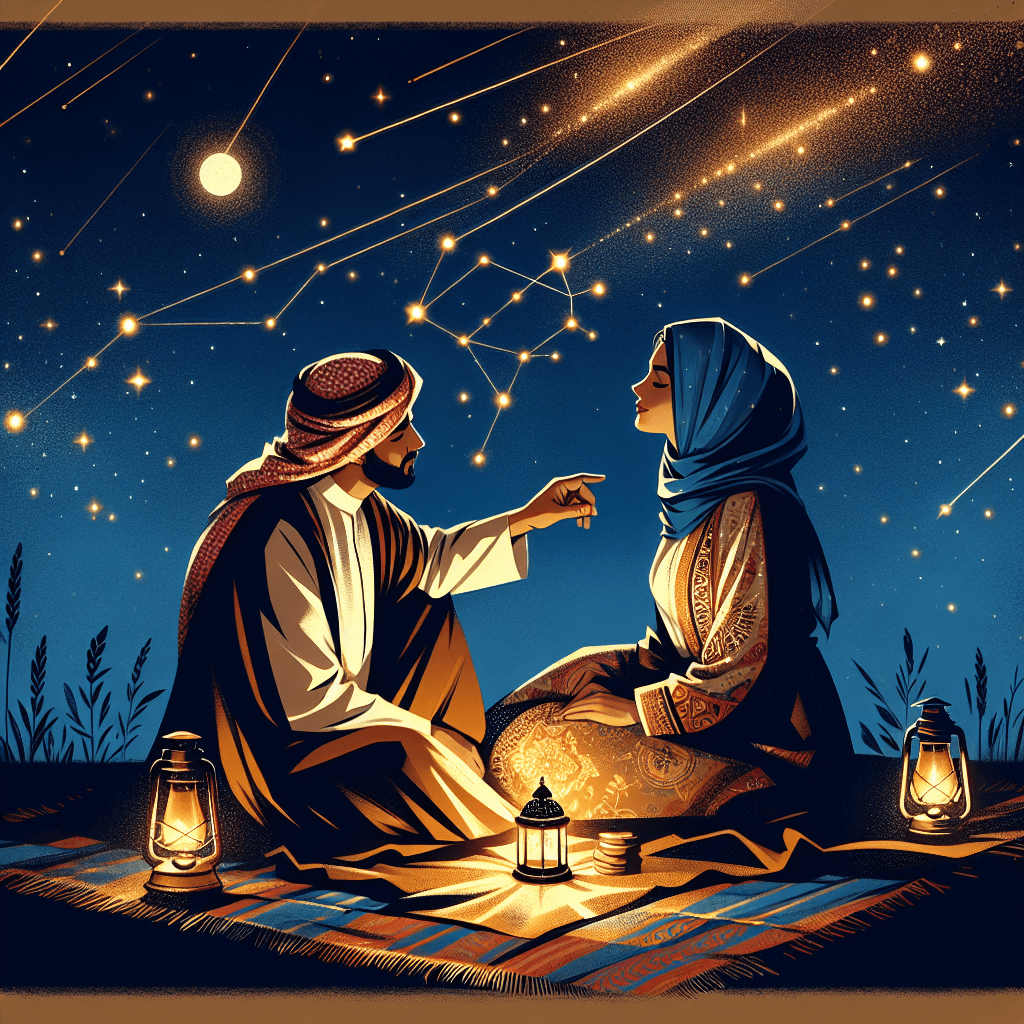 Couple stargazing together on a blanket at night