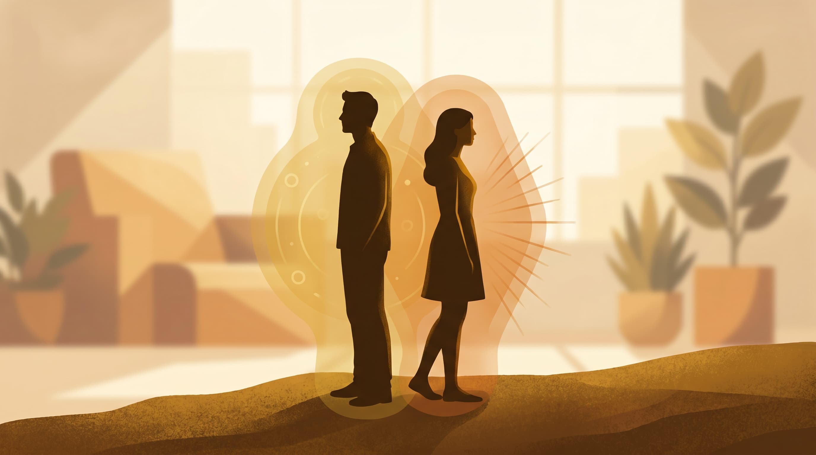 Two people standing together yet as individuals in a warm, glowing space