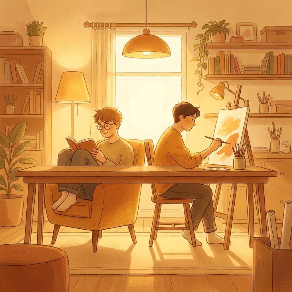 A couple pursuing separate hobbies side by side