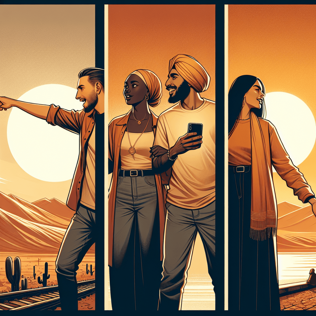 Illustration showing different types of emotional bids: pointing at a sunset, sharing something on a phone, reaching for a hand