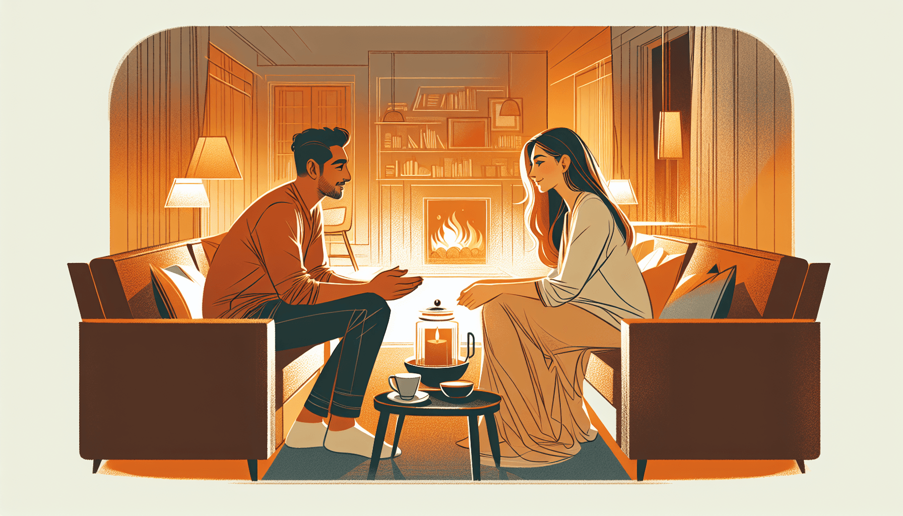 Couple sitting together on a couch, one turning toward the other with warmth and interest in soft amber light