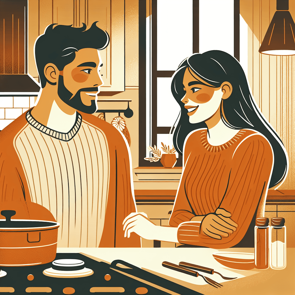 Couple in a kitchen, one partner actively listening while the other talks about their day, warm amber tones