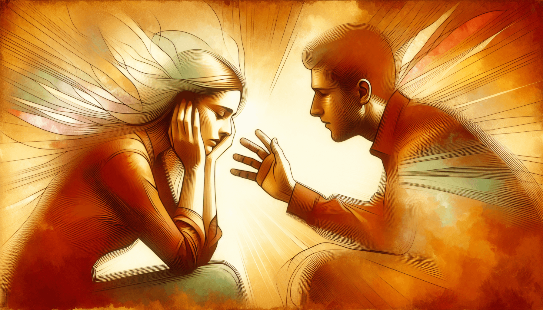 Couple during an intense conversation, one partner overwhelmed with hands to temples while the other reaches out gently, warm amber tones
