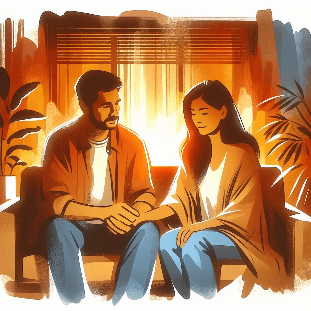 Couple sitting together holding hands after a difficult conversation, both looking relieved and connected, warm amber and gold tones