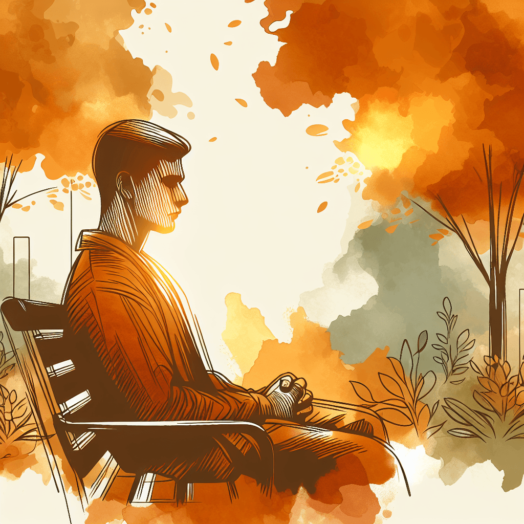 Person sitting peacefully alone on a bench in a garden, eyes closed, taking deep breaths in warm amber tones
