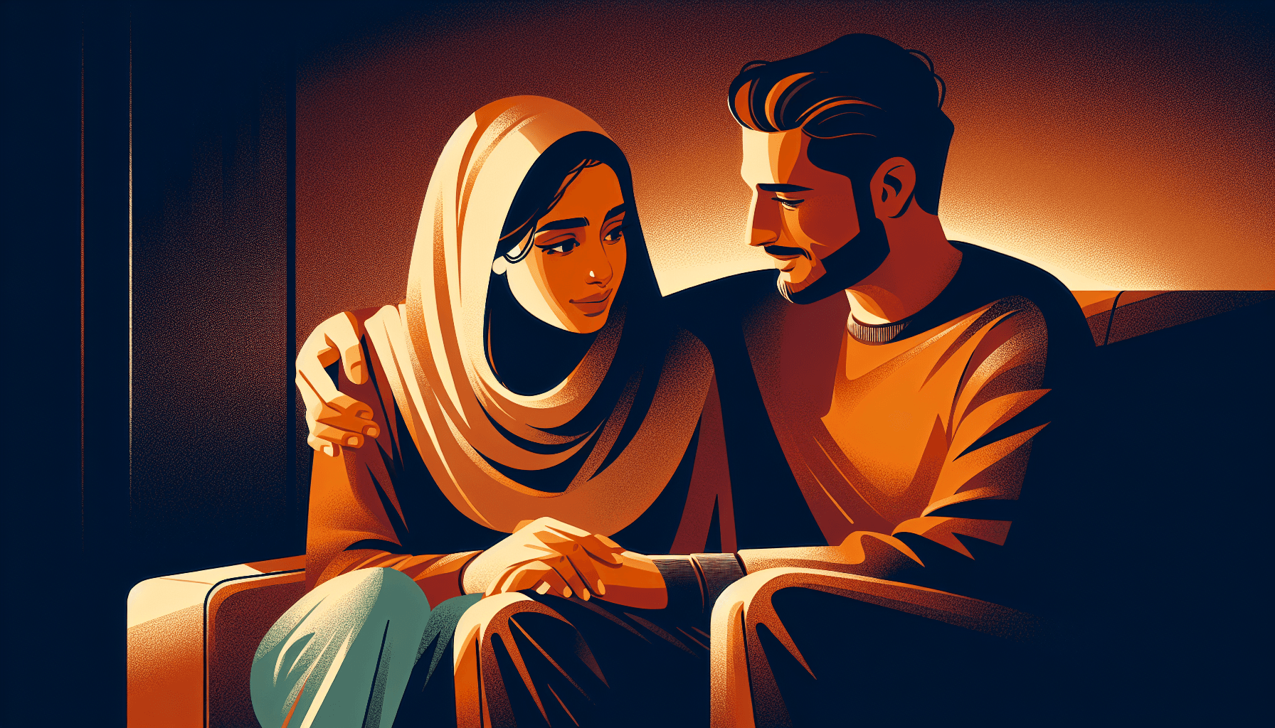 Couple sharing a deep, heartfelt conversation on a cozy couch