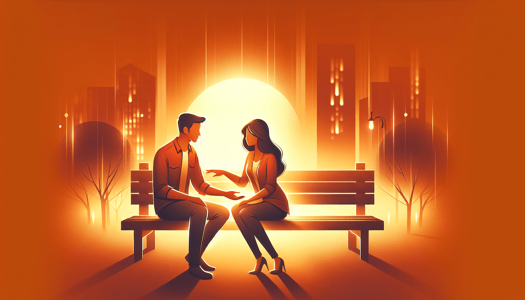 A couple sitting together at golden hour, one partner extending a hand in reconciliation