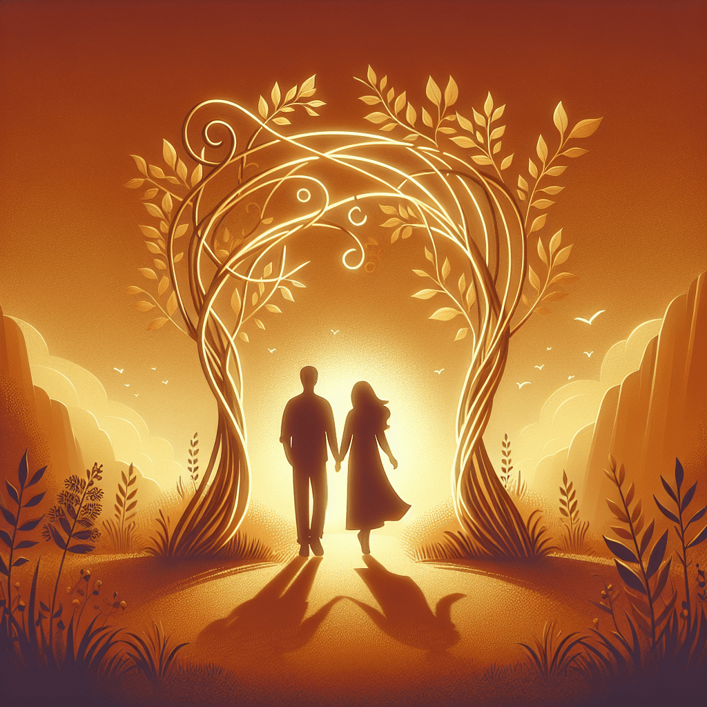 Two silhouettes walking together through an archway of golden branches, symbolizing rebuilding after hurt
