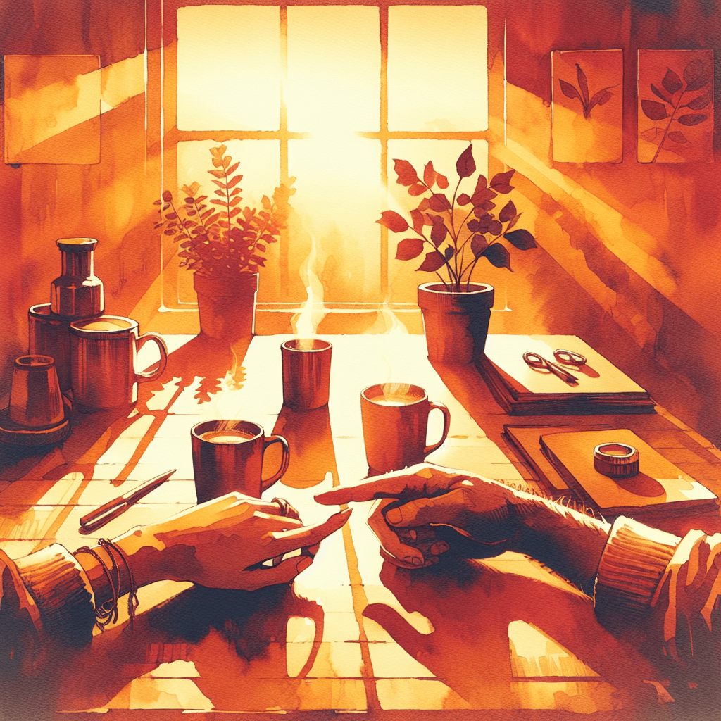Two hands holding each other across a table with coffee cups in warm golden light