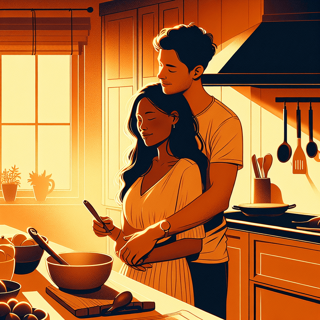 Couple cooking together in a warm kitchen embracing with golden amber light