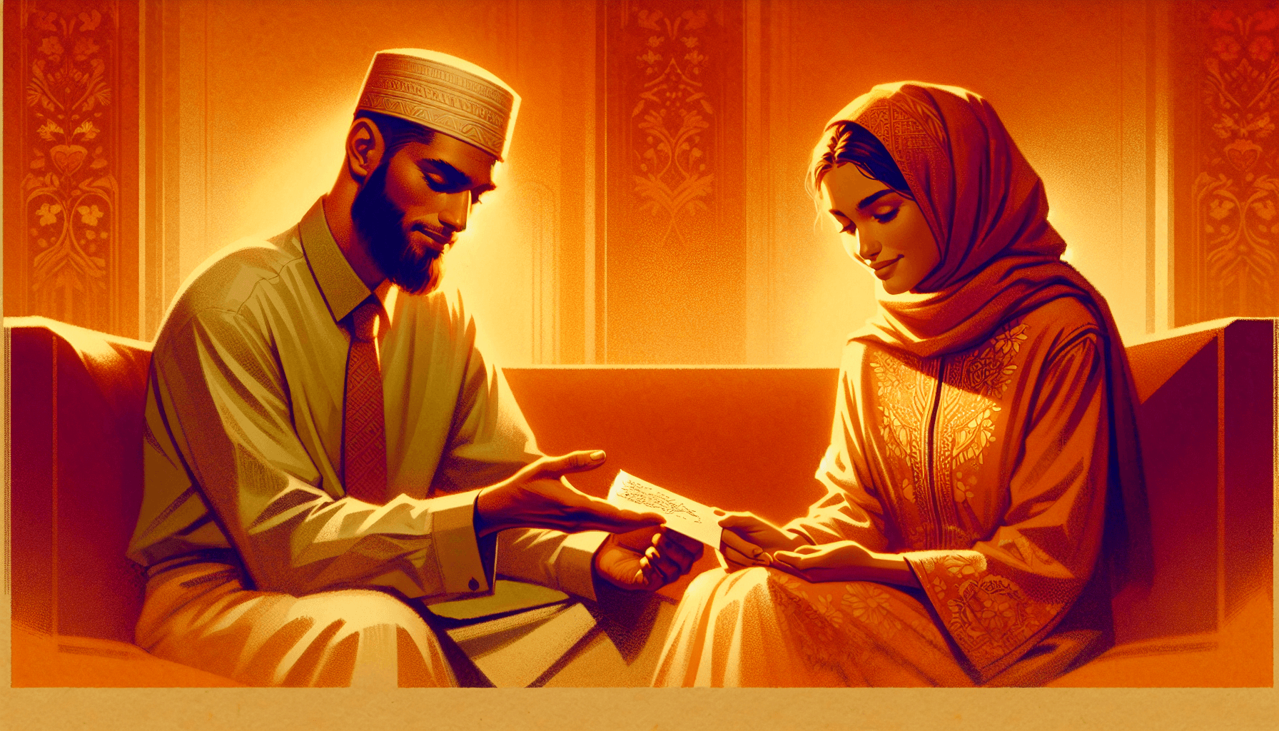 Couple sharing a warm moment on the couch with a handwritten note in soft amber light