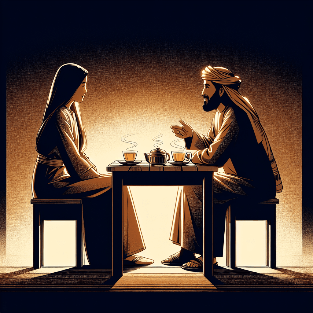 A couple having a calm conversation over tea in warm amber light