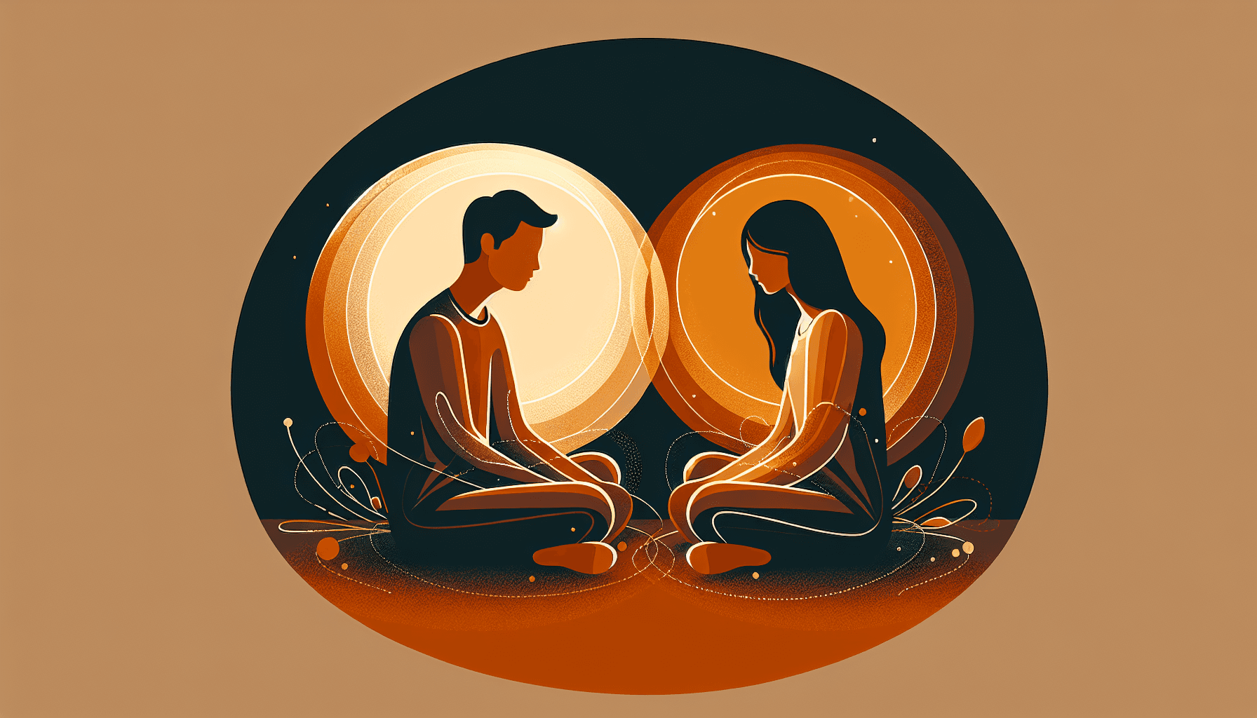 A couple connected by overlapping circles of warm light, symbolizing healthy boundaries in a relationship