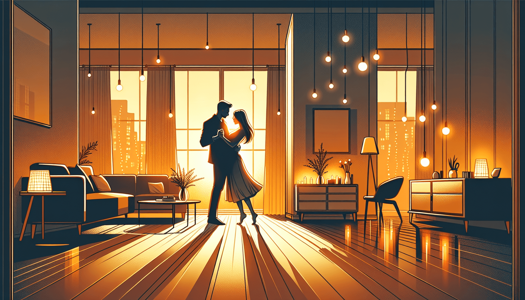 Couple slow dancing in their living room at golden hour with fairy lights and warm amber tones