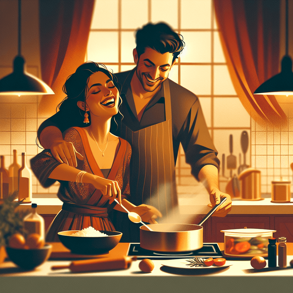 Couple cooking together in a cozy kitchen, laughing and playful, warm amber lighting