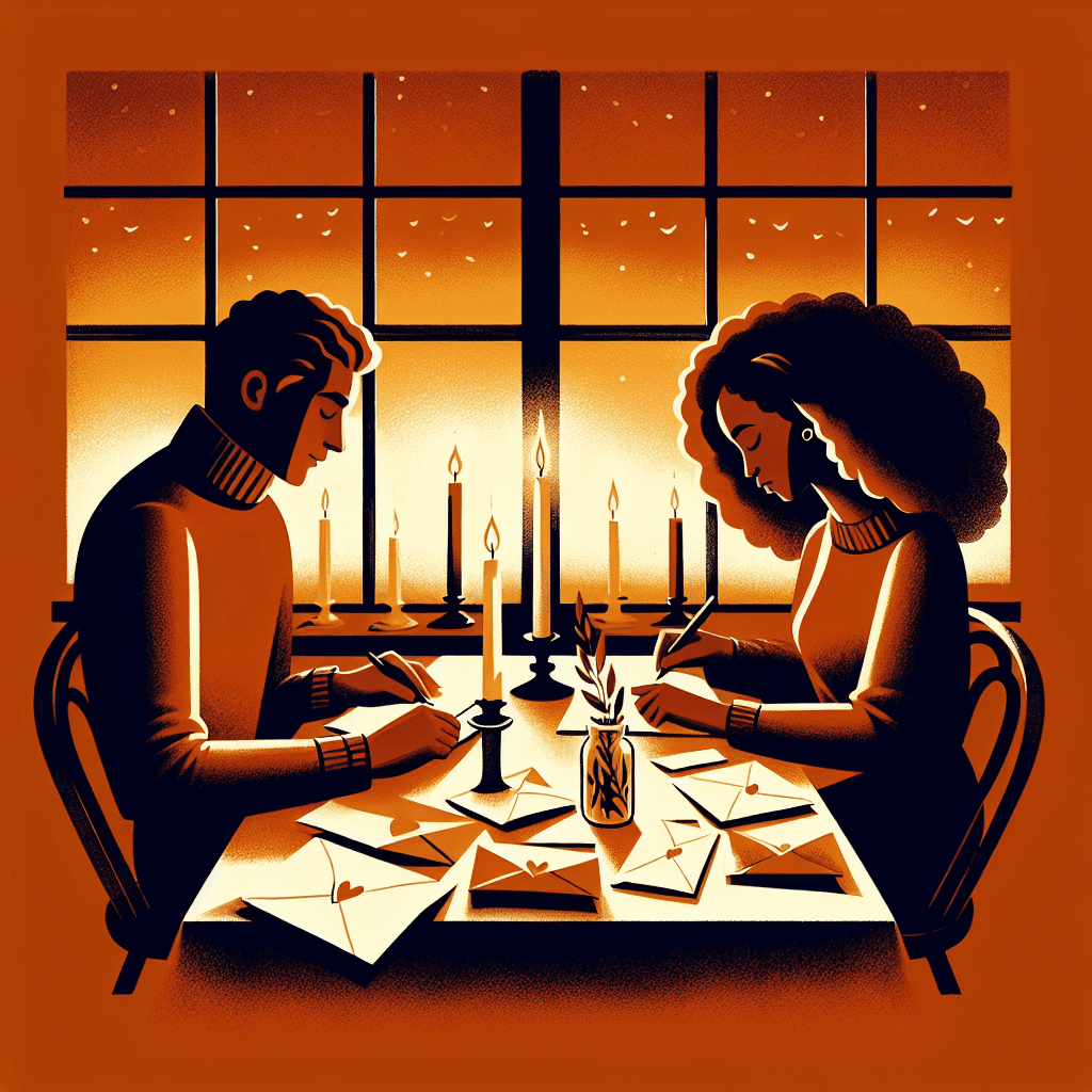 Couple writing love letters at a candlelit table in warm amber and gold tones