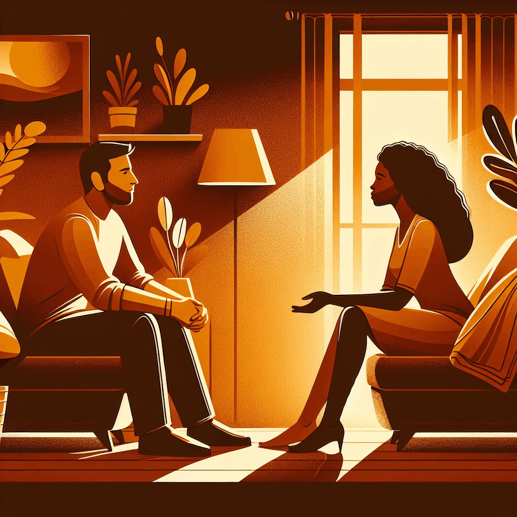 A couple having a deep meaningful conversation on a couch