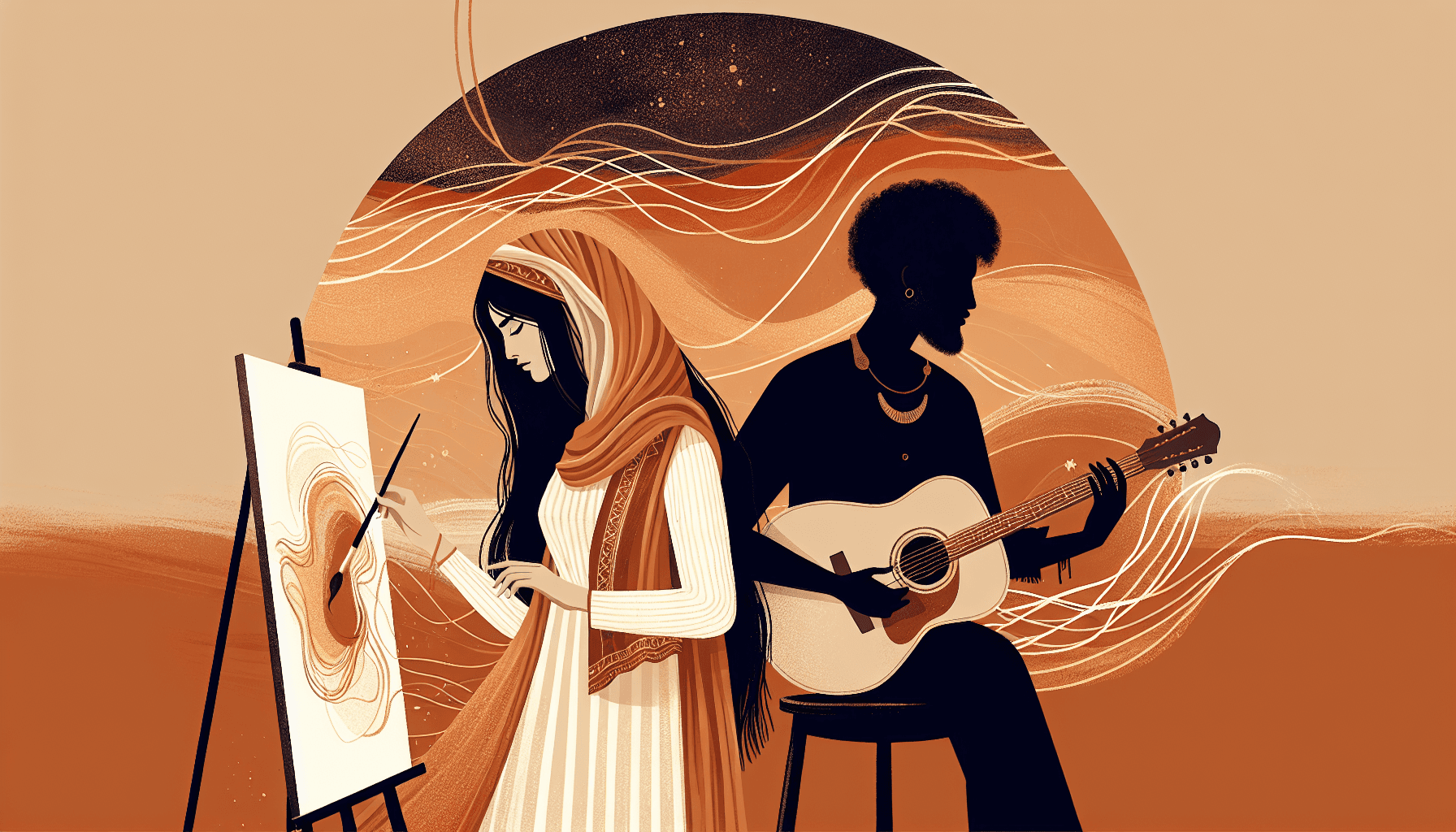 Two people standing side by side pursuing their own passions while connected by a golden thread, warm amber tones