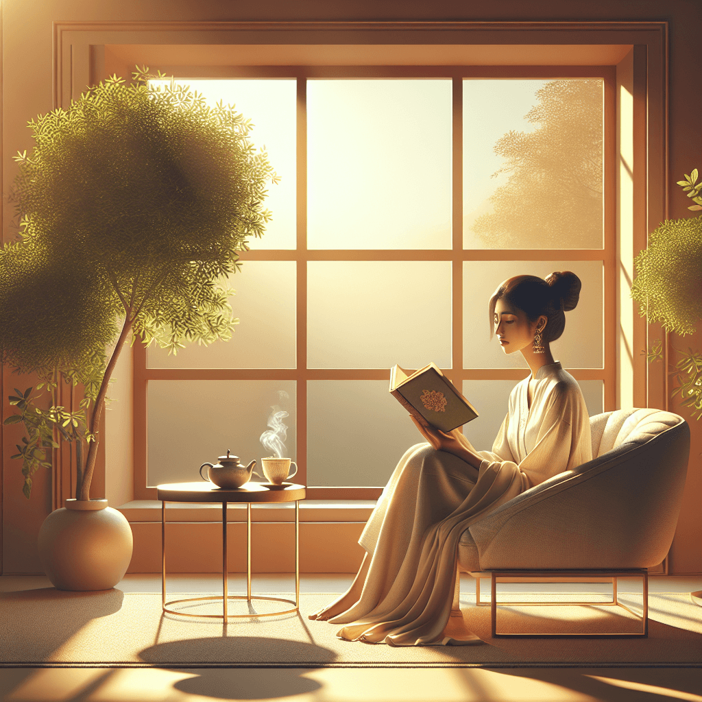 Person contentedly reading a book in a cozy armchair with golden sunlight streaming through a window