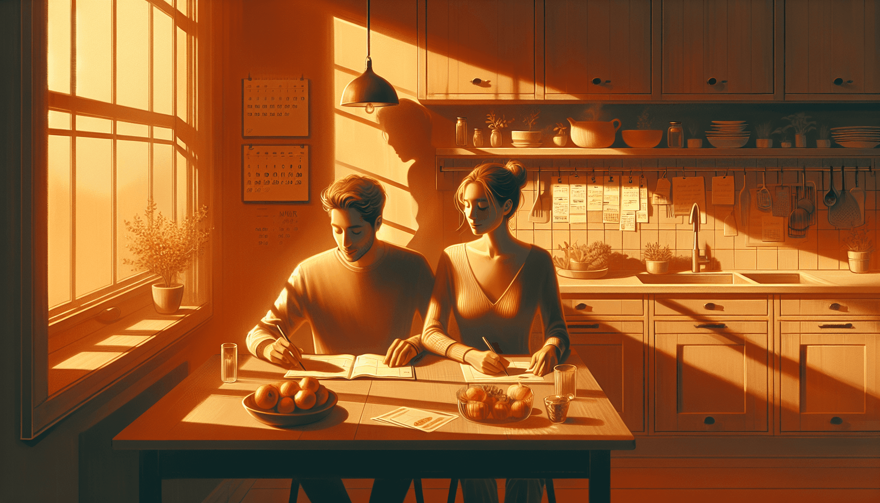 Warm modern illustration of a couple sharing planning and household responsibilities together