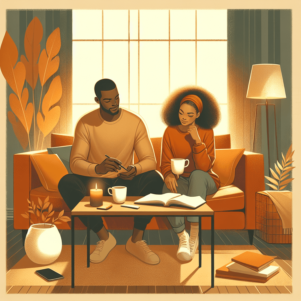 Warm illustration of a couple planning the week together with notebooks and tea