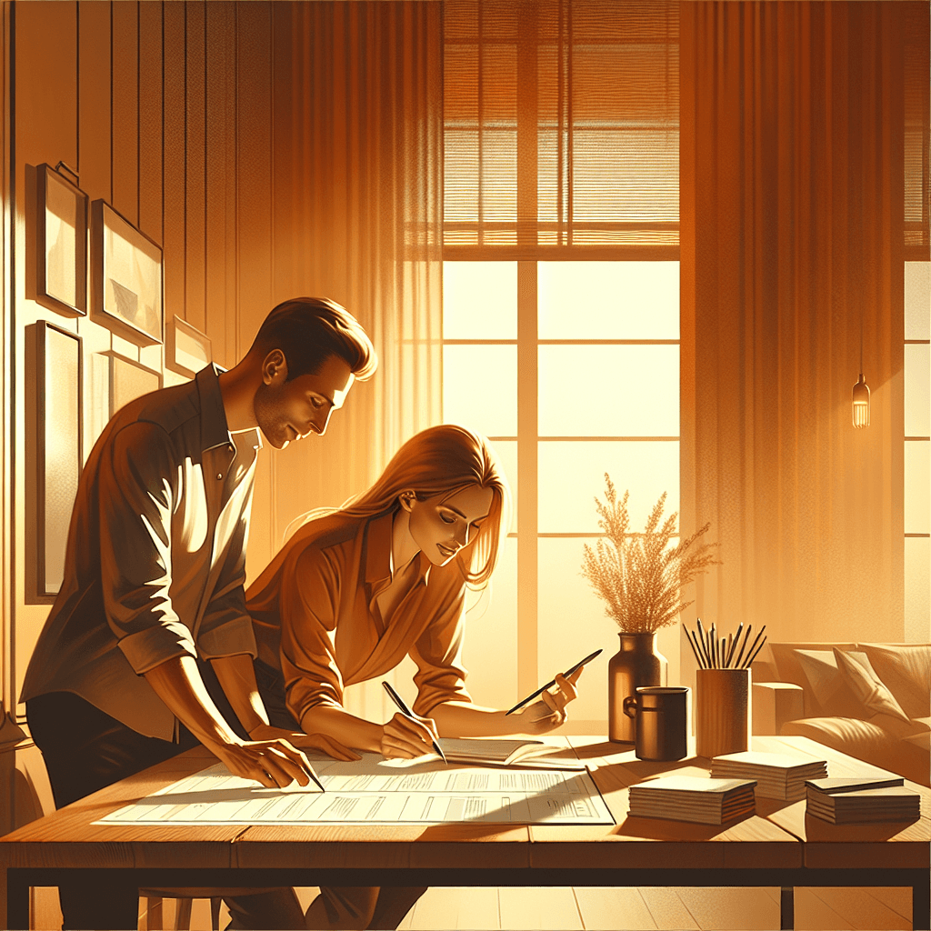 Warm modern illustration of a couple redistributing household tasks on a planner together