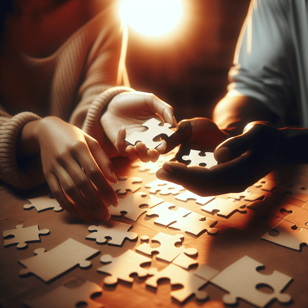 Couple's hands placing puzzle pieces together on a table in warm golden light