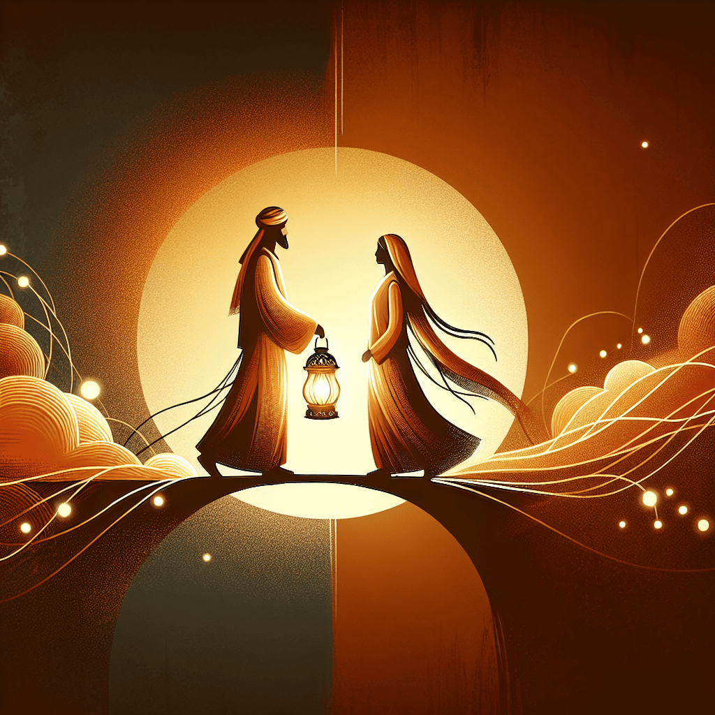 Two people walking toward each other on a bridge holding glowing lanterns