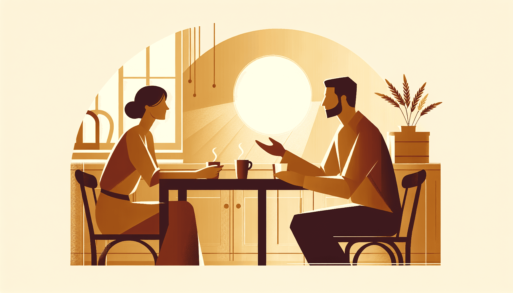 Couple having a calm conversation over coffee at a kitchen table in warm morning light