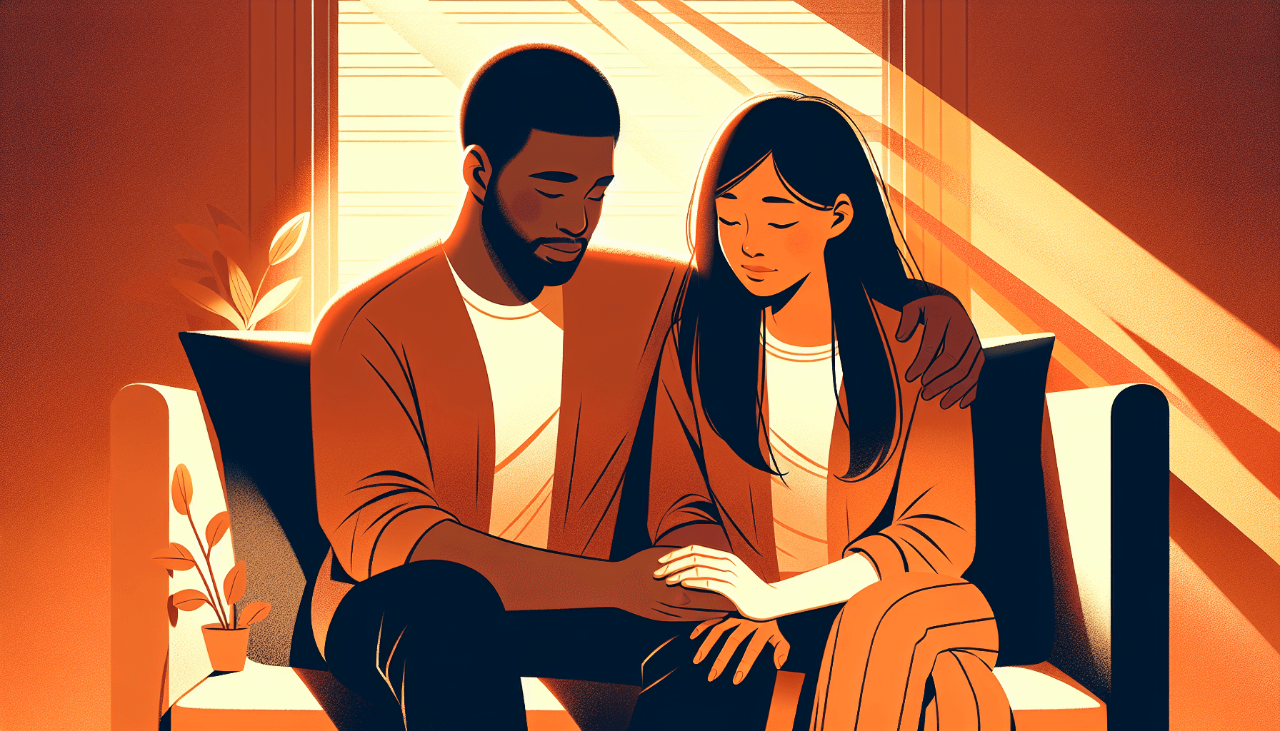 Couple sitting together, one partner reassuring the other with a gentle hand hold