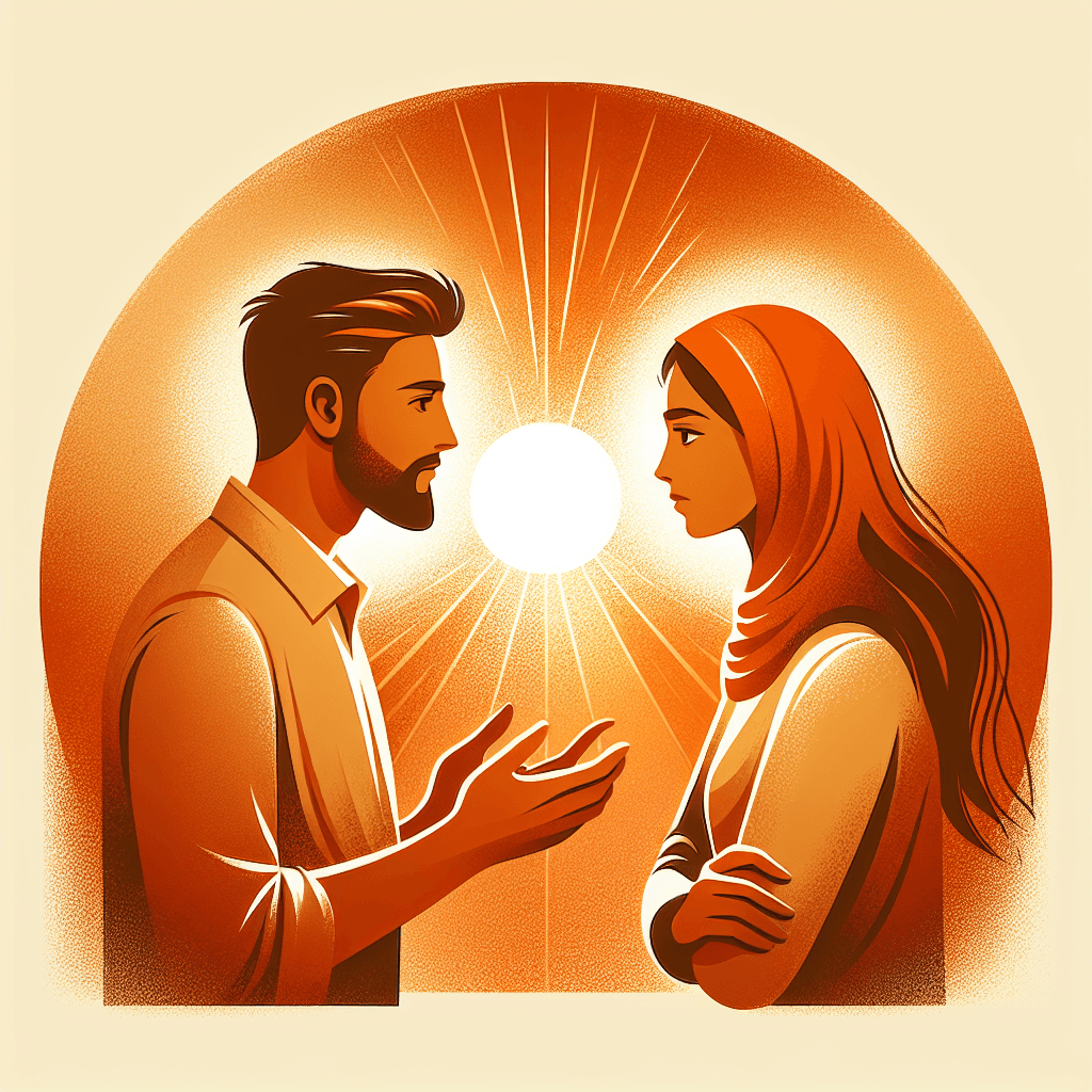 Two people having an open, vulnerable conversation with warm light between them