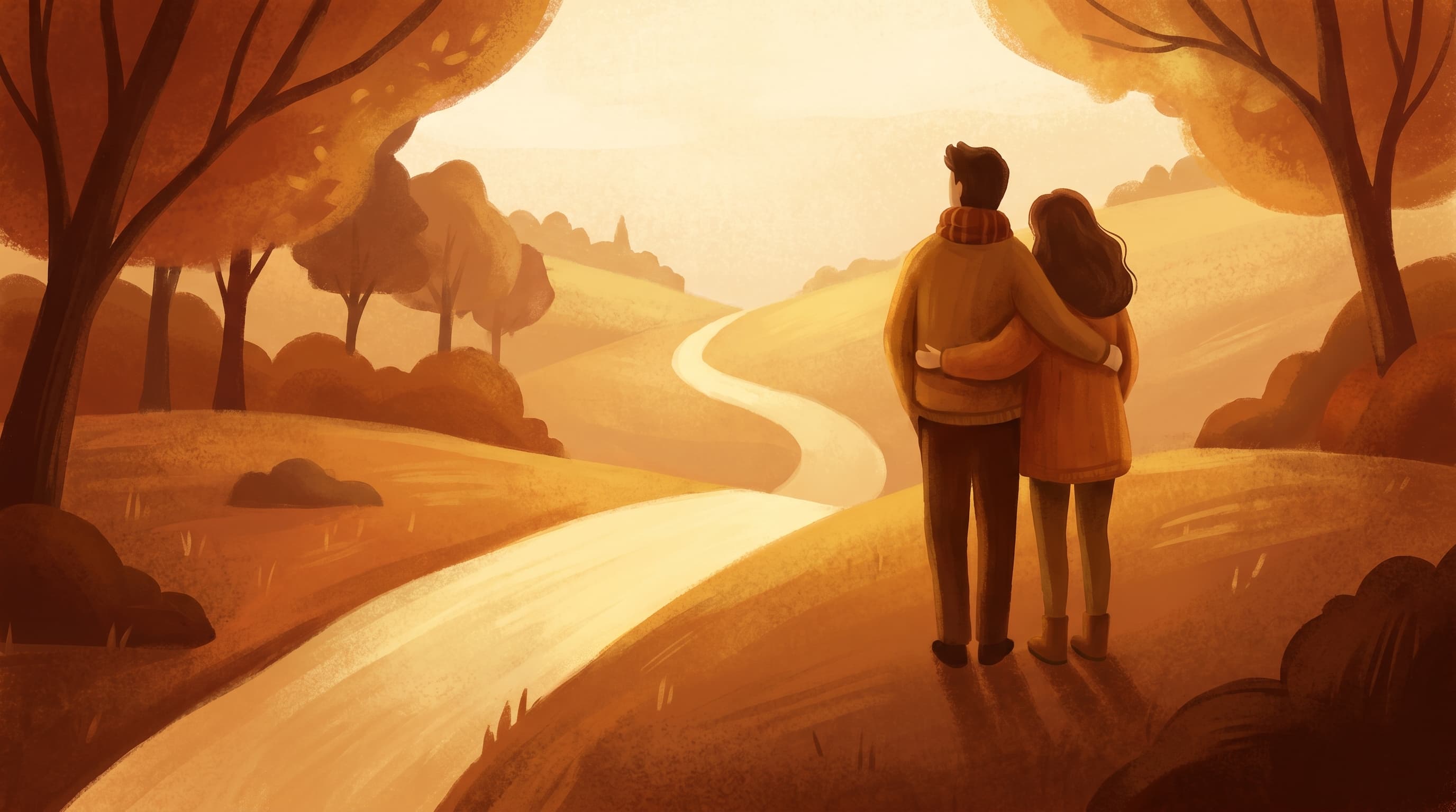 A couple standing together at a crossroads, facing the future as a team