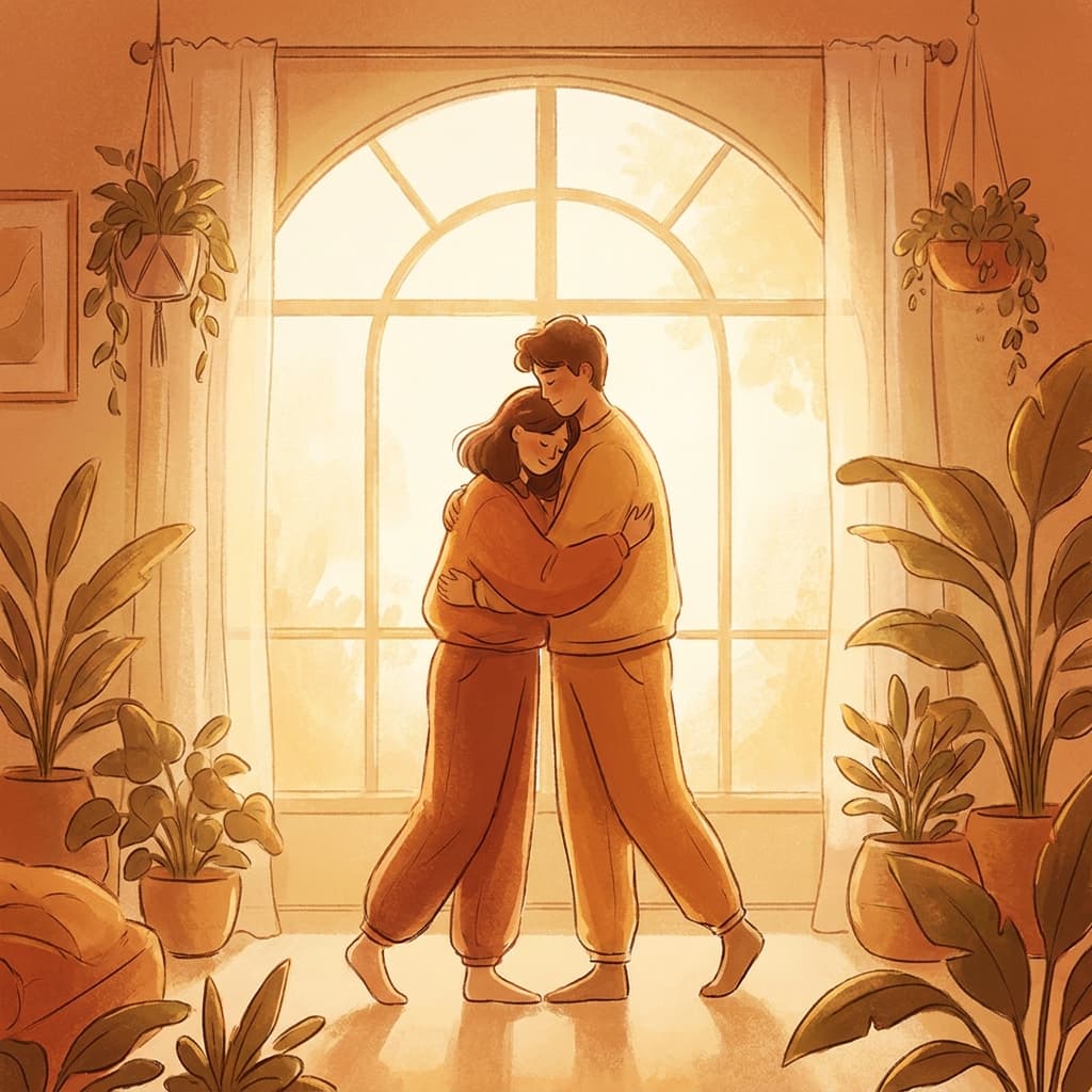 A couple embracing warmly in golden light, symbolizing hope during change