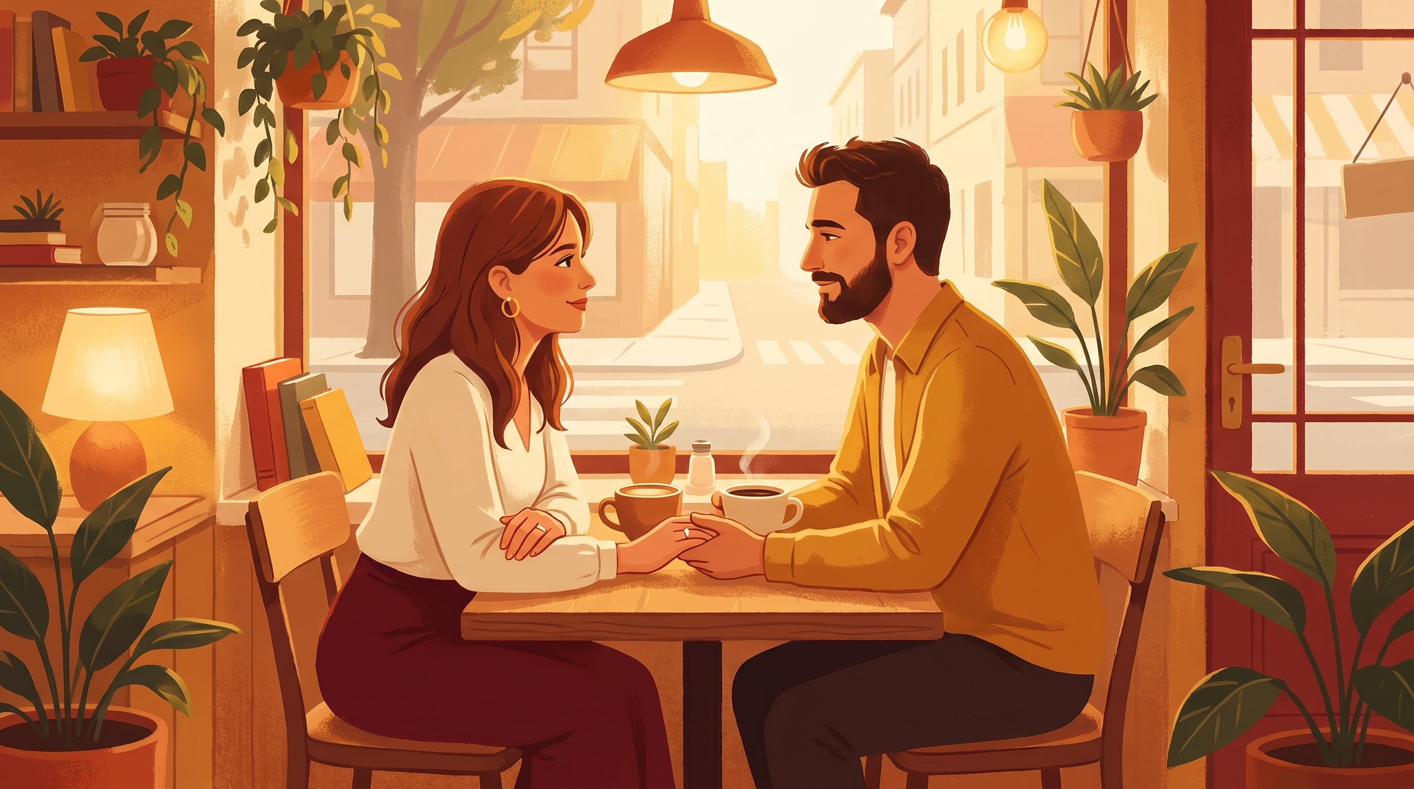 An engaged couple sitting at a cozy café table, looking tenderly into each other's eyes over two coffee cups, warm amber light