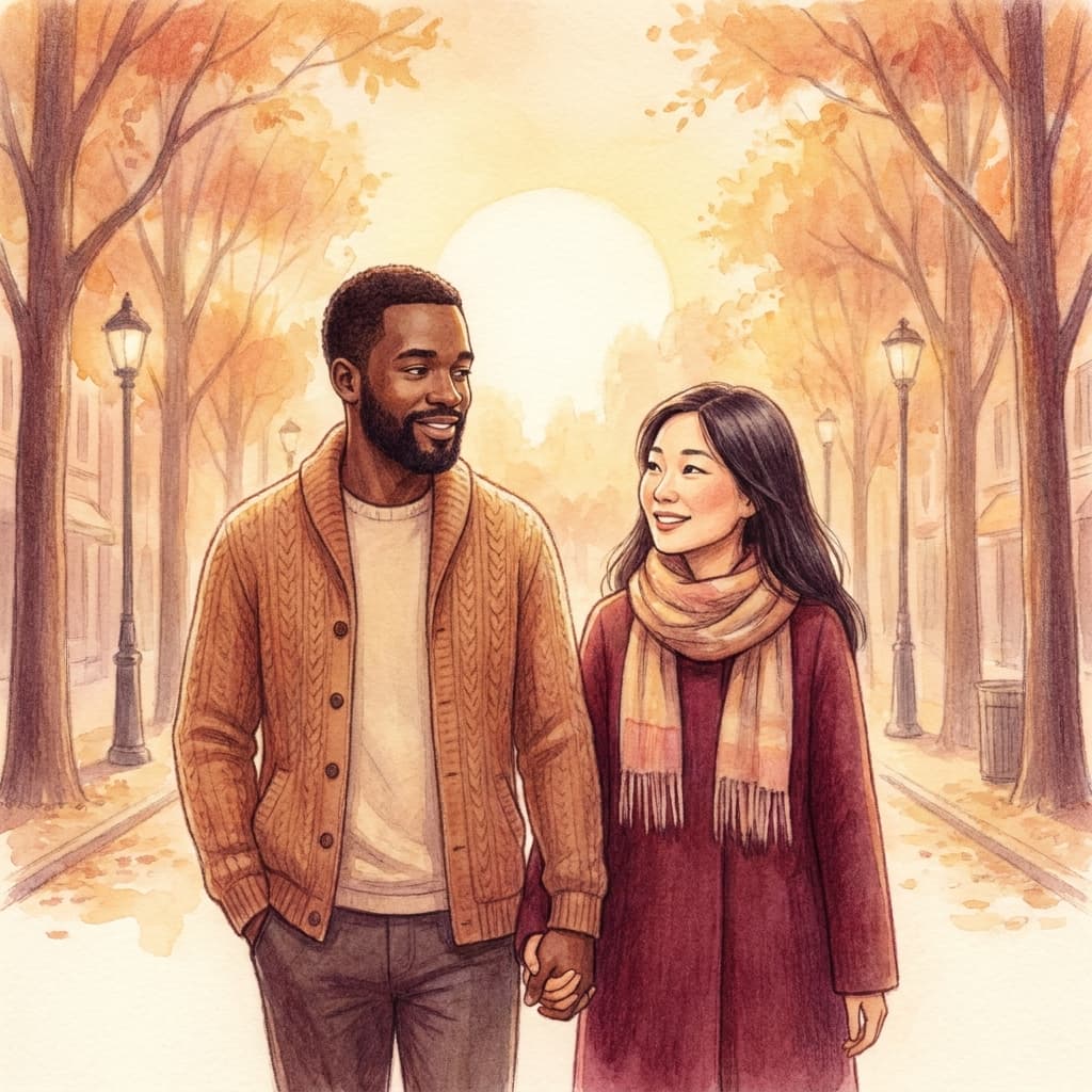 A diverse couple holding hands as they walk together at golden hour, gentle smiles, warm amber tones