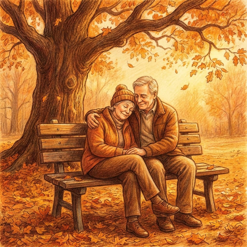 Two people sitting together on a bench, one resting their head on the other's shoulder in a quiet tender moment at golden hour