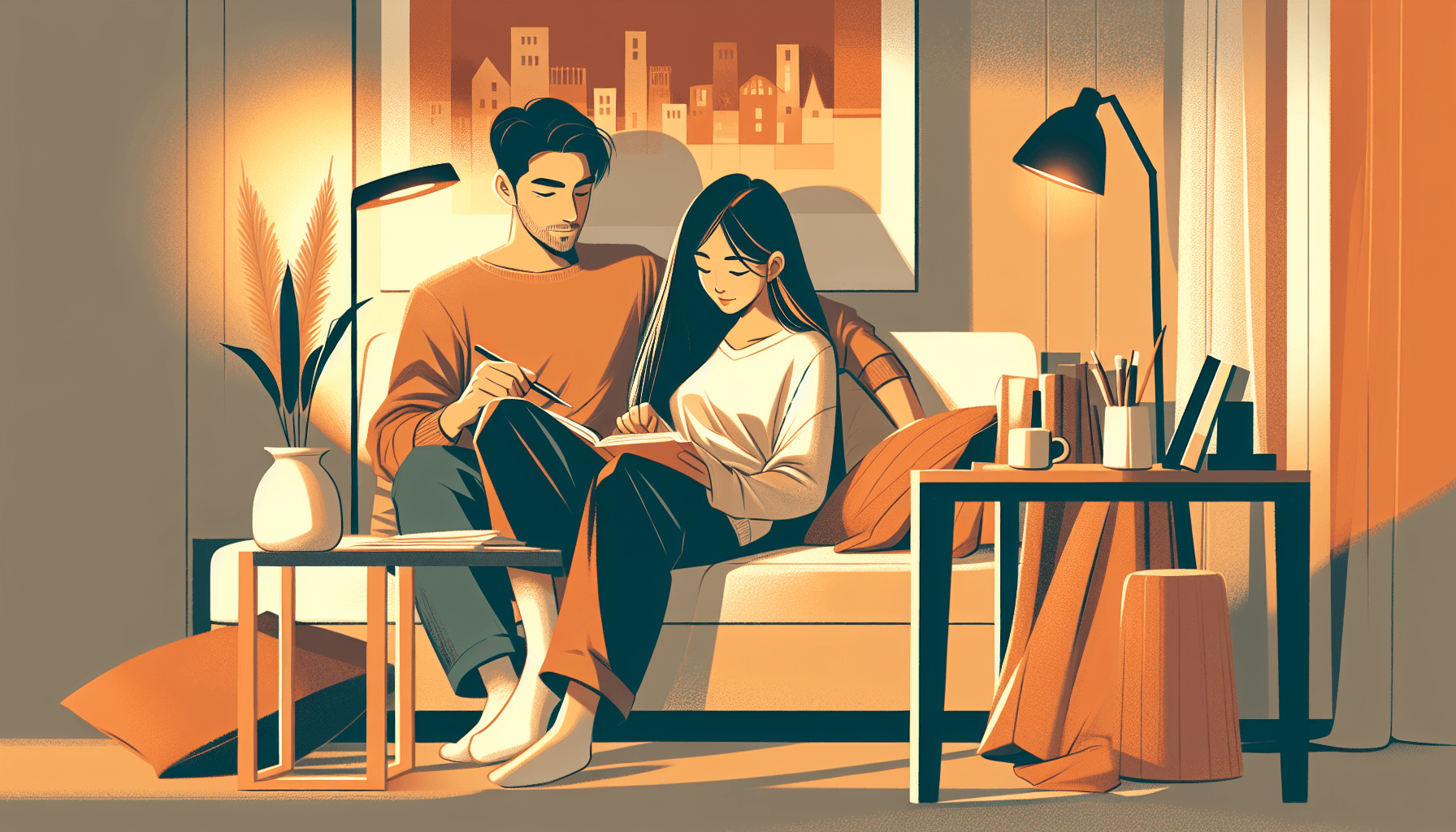 Warm modern illustration of a couple spending quiet intentional time together in the same room